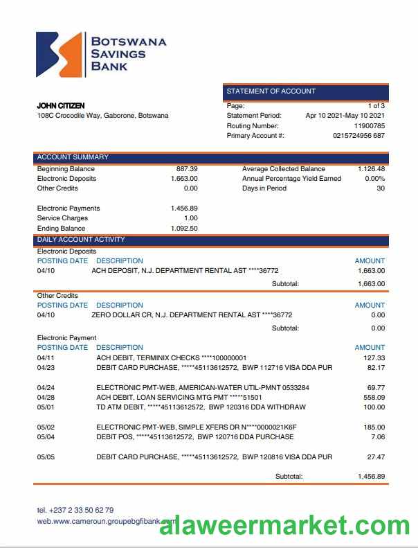 Botswana Savings Bank statement template, Word and PDF format
